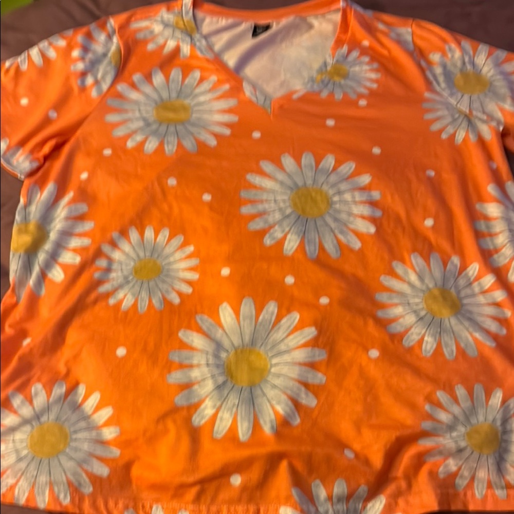 Orange Daisy Print V-Neck Top